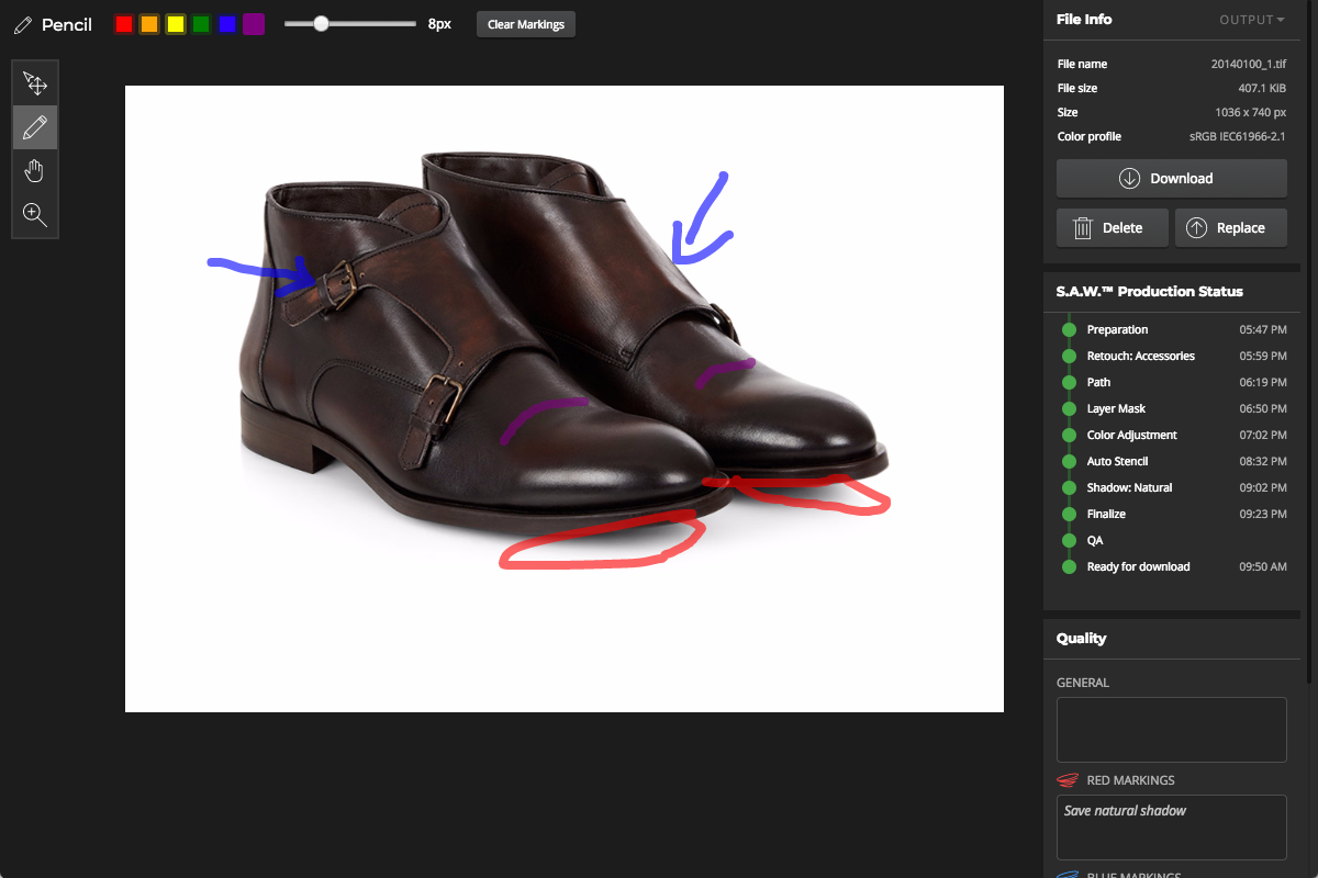 Highlight corrections if needed Product photo of dress shoes with purple, indigo, and red retouching instructions drawn on